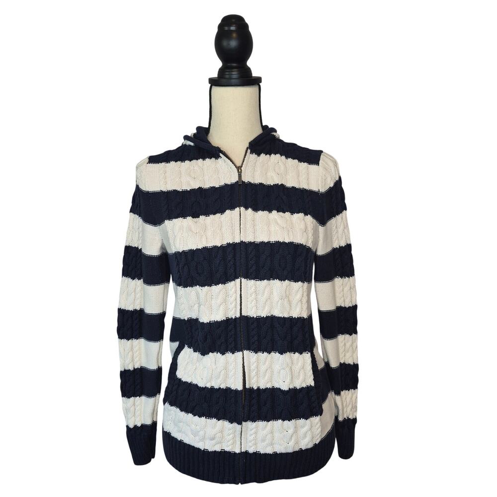 L.L. Bean Nautical Stripe Cable Knit Blue Cream Zip Hoodie Cardigan Sweater Sz M